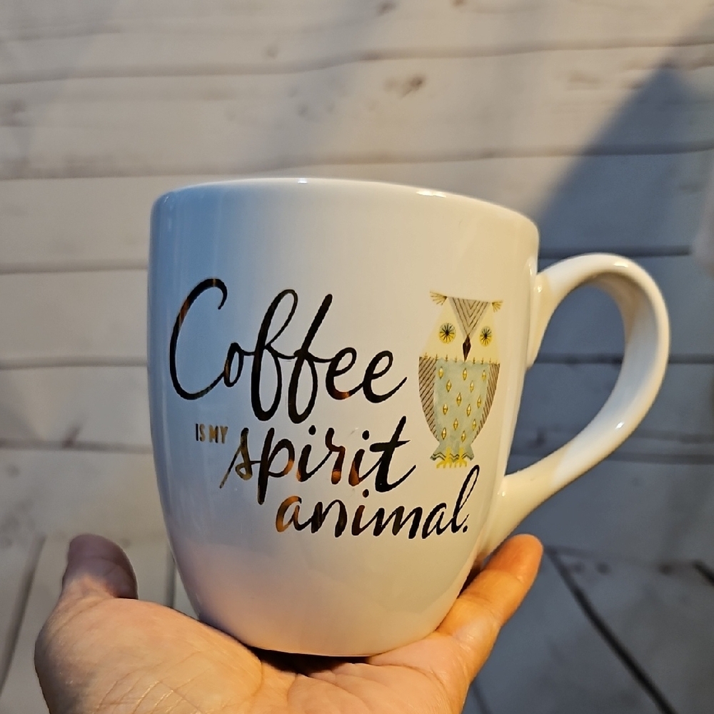 Coffee Is My‎ Spirit Animal Owl White Ceramic Mug Gold Accents